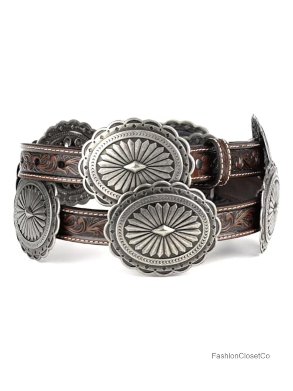 Genuine Leather Tooled Western Belt with Silver Oval Concho